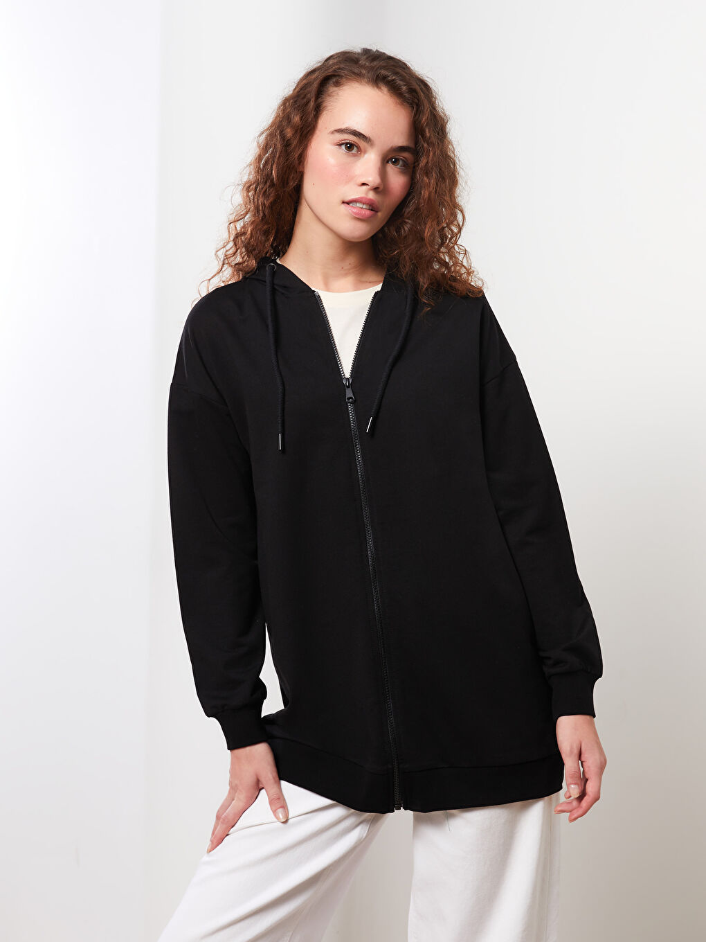 Hooded Plain Long Sleeve Women's Sports Cardigan-1