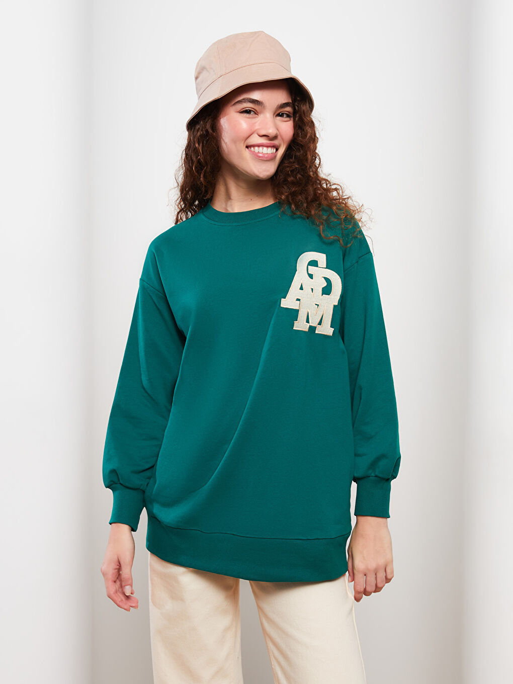 Yeşil Bisiklet Yaka Baskılı Uzun Kollu Oversize Kadın Sweatshirt Tunik