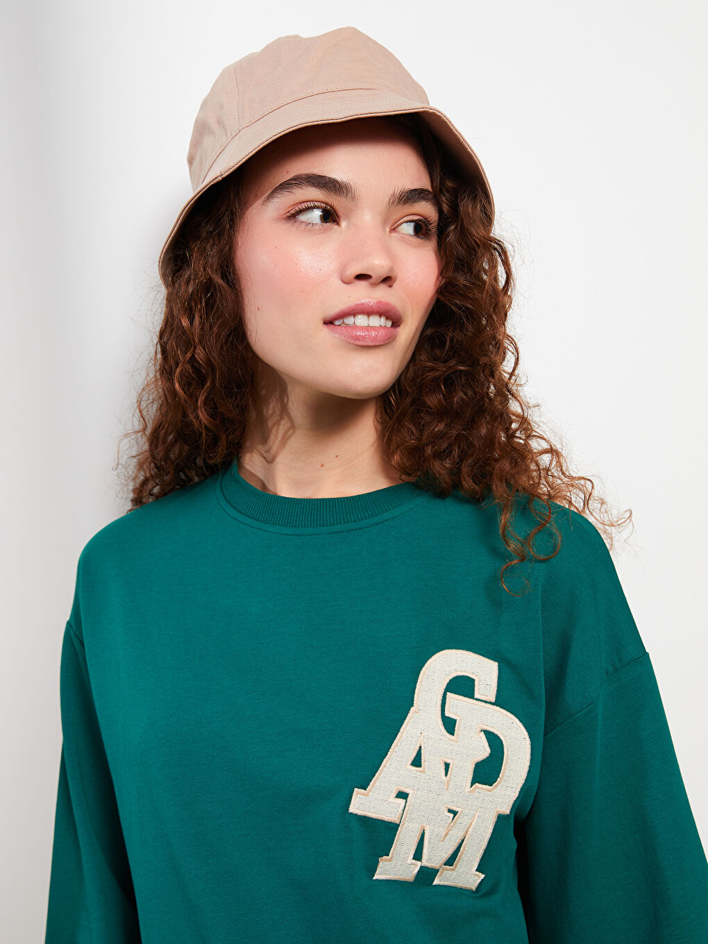 Yeşil Bisiklet Yaka Baskılı Uzun Kollu Oversize Kadın Sweatshirt Tunik-1