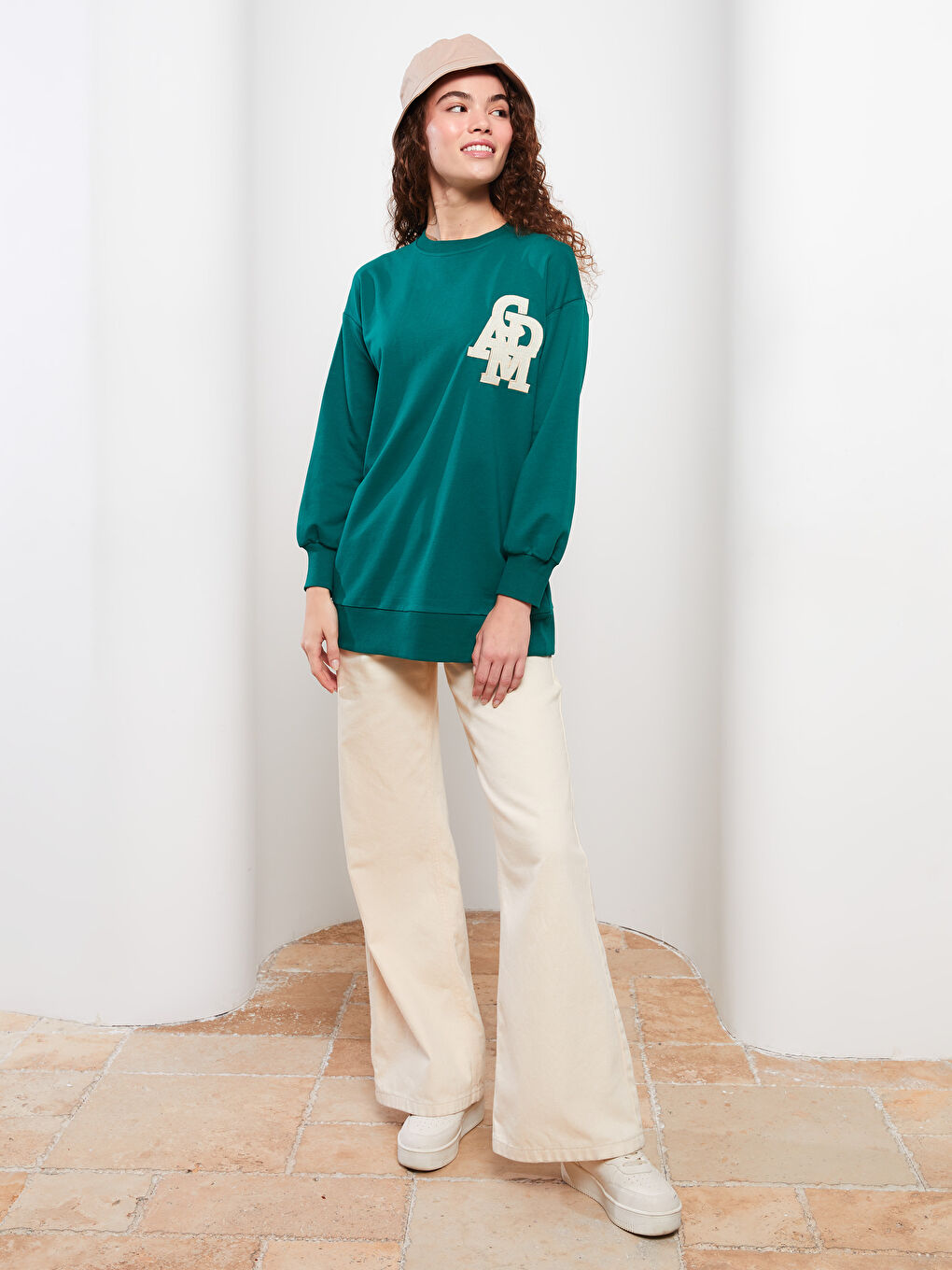 Yeşil Bisiklet Yaka Baskılı Uzun Kollu Oversize Kadın Sweatshirt Tunik-2