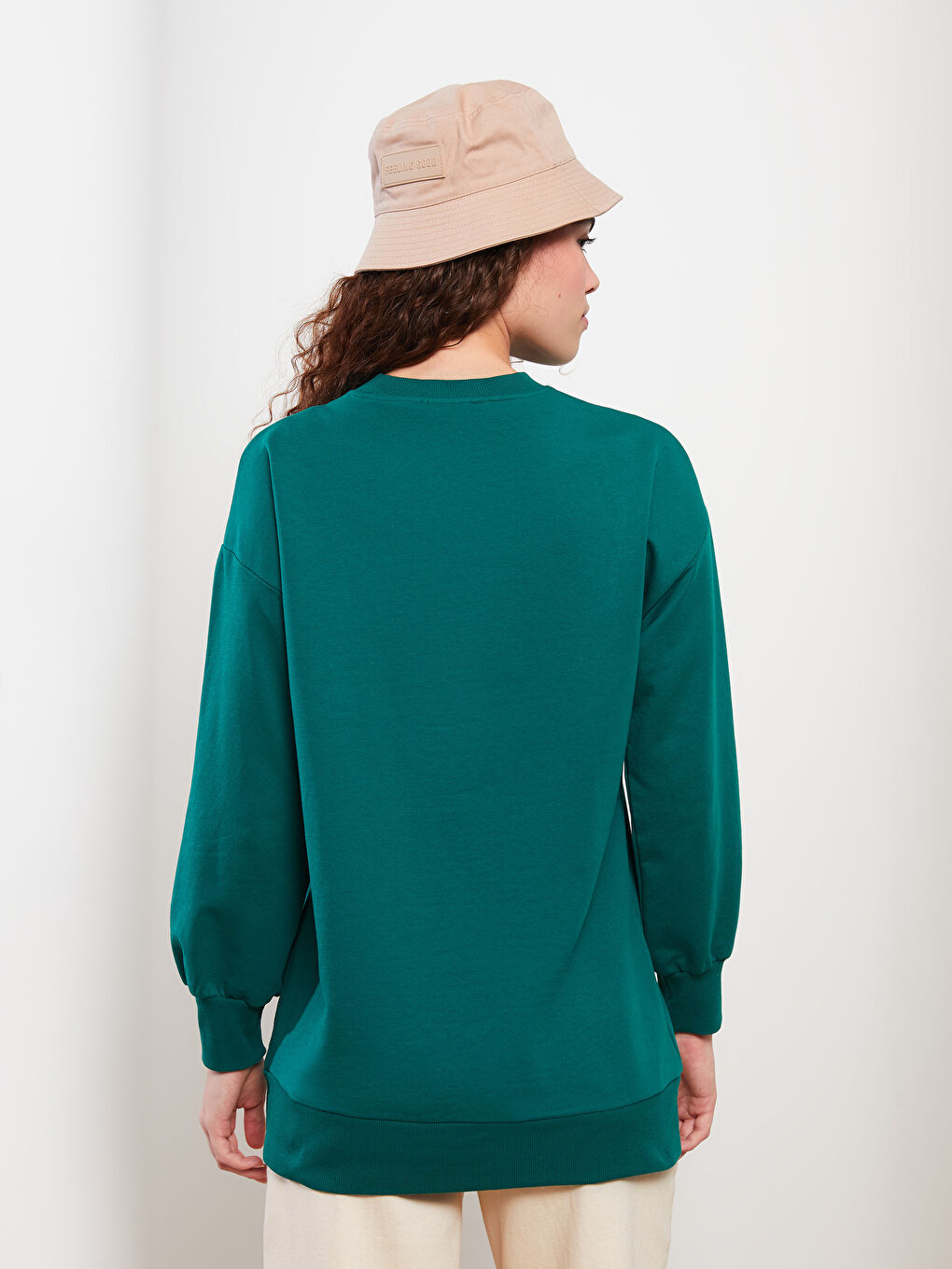 Yeşil Bisiklet Yaka Baskılı Uzun Kollu Oversize Kadın Sweatshirt Tunik-4