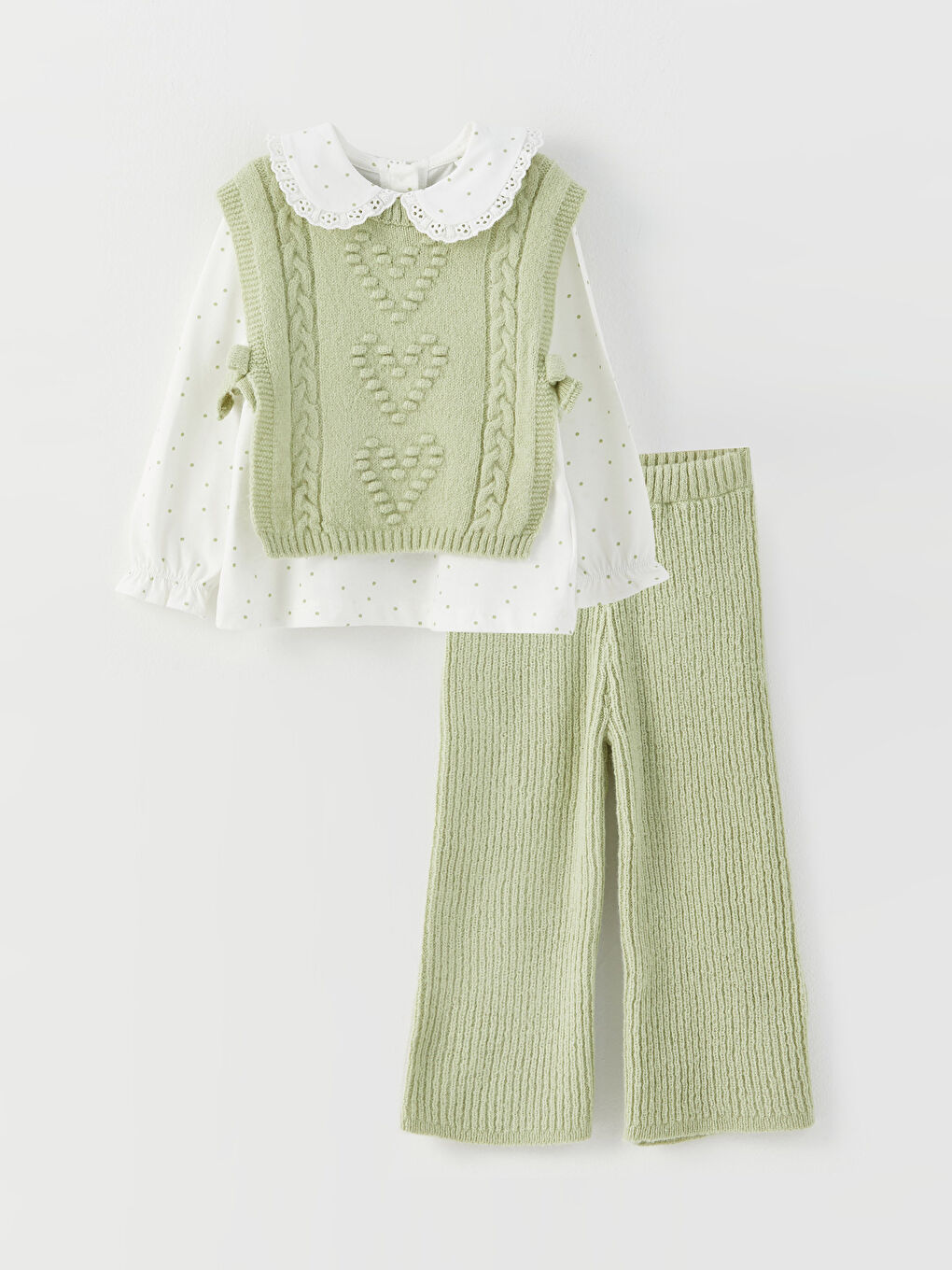 Yeşil Bebe Yaka Uzun Kollu Kız Bebek 3'lü Takım-3
