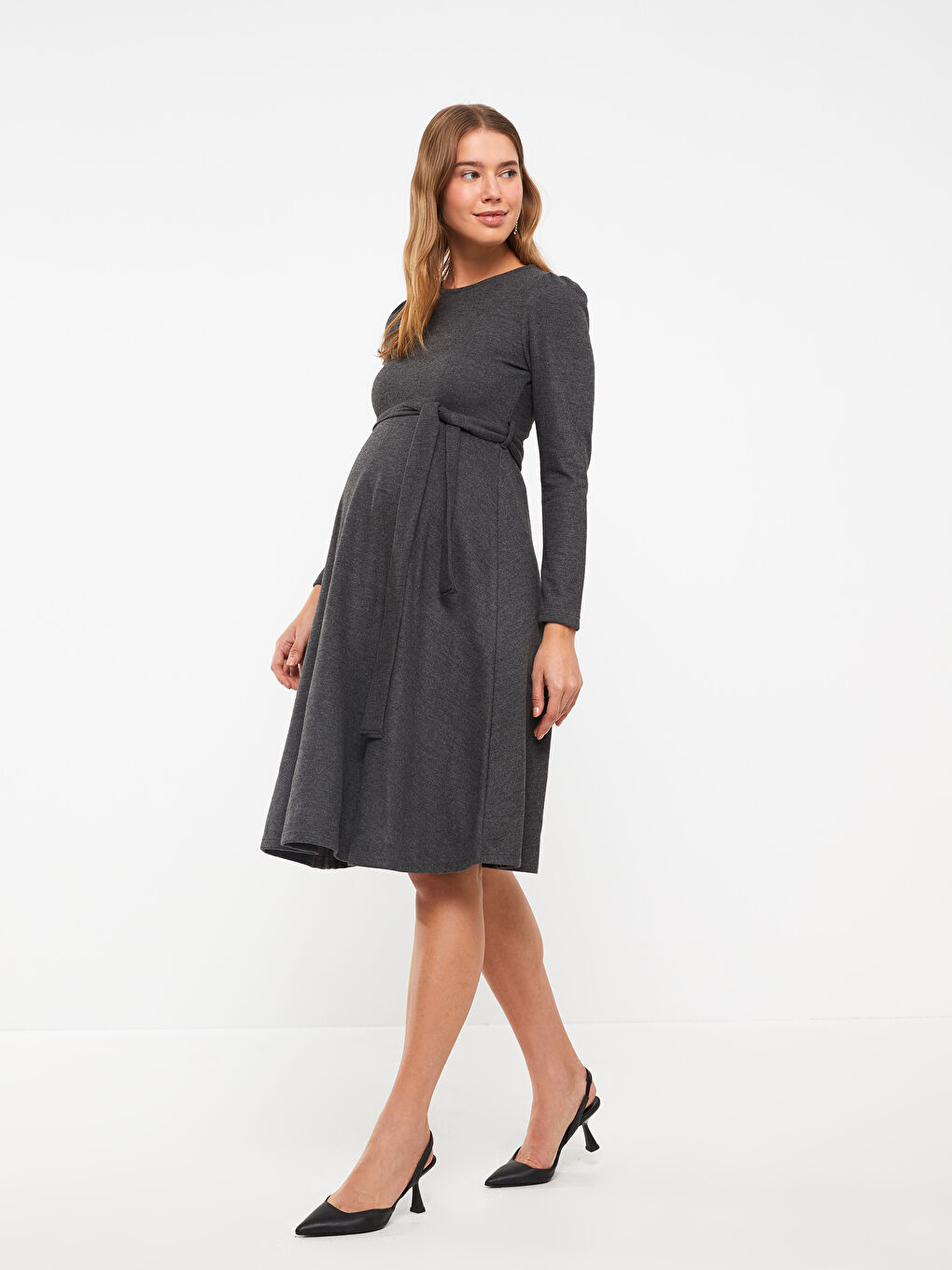 Antrasit Bisiklet Yaka Düz Uzun Kollu Elbise