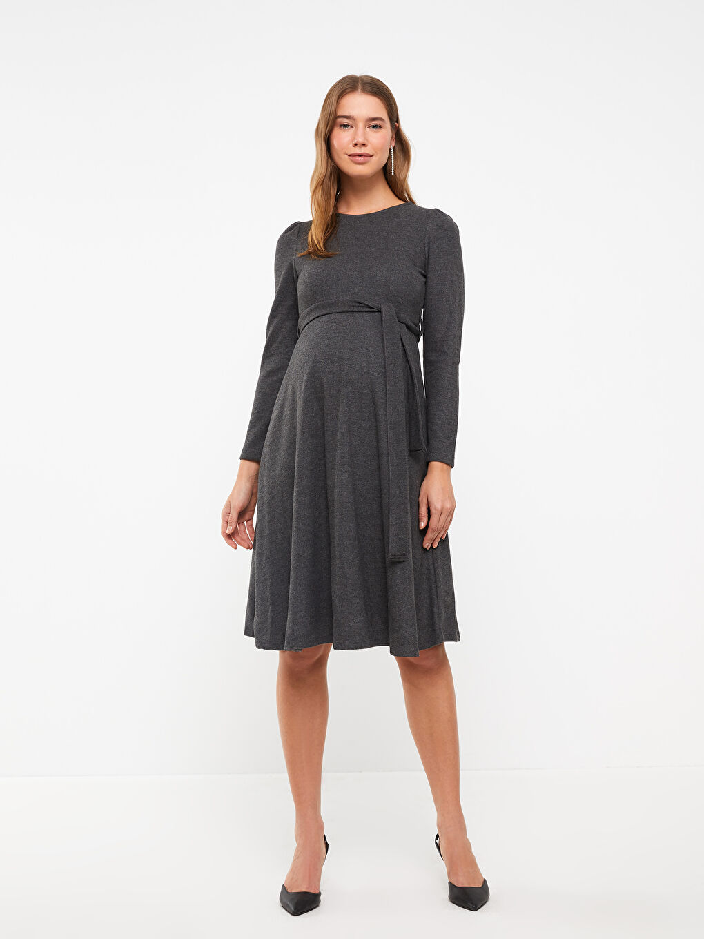 Antrasit Bisiklet Yaka Düz Uzun Kollu Elbise-2