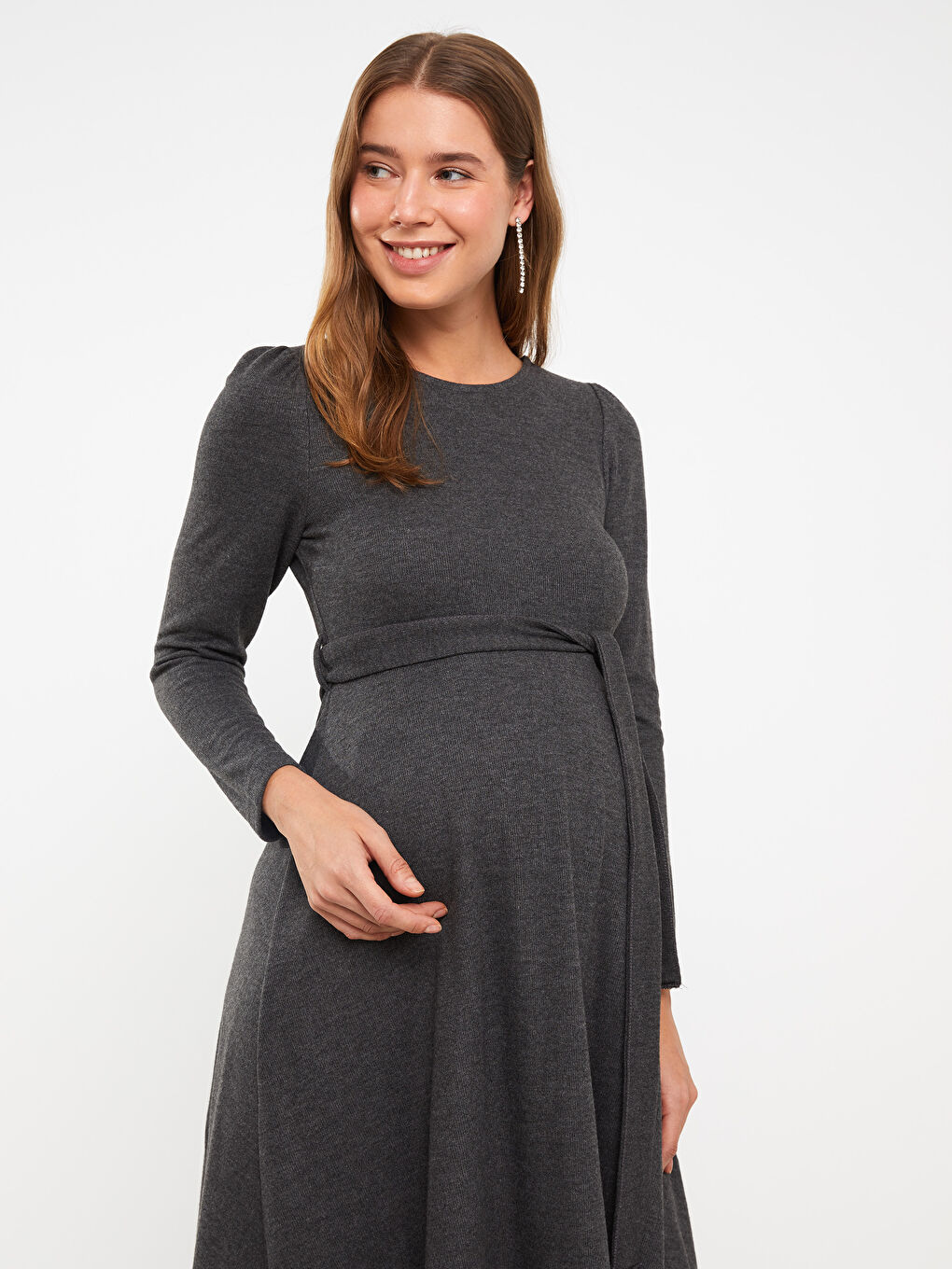 Antrasit Bisiklet Yaka Düz Uzun Kollu Elbise-4