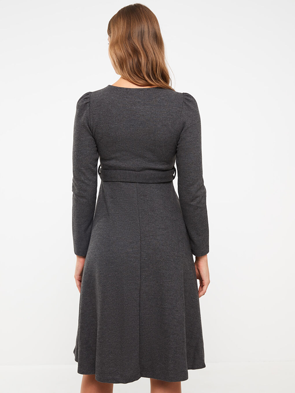 Antrasit Bisiklet Yaka Düz Uzun Kollu Elbise-8