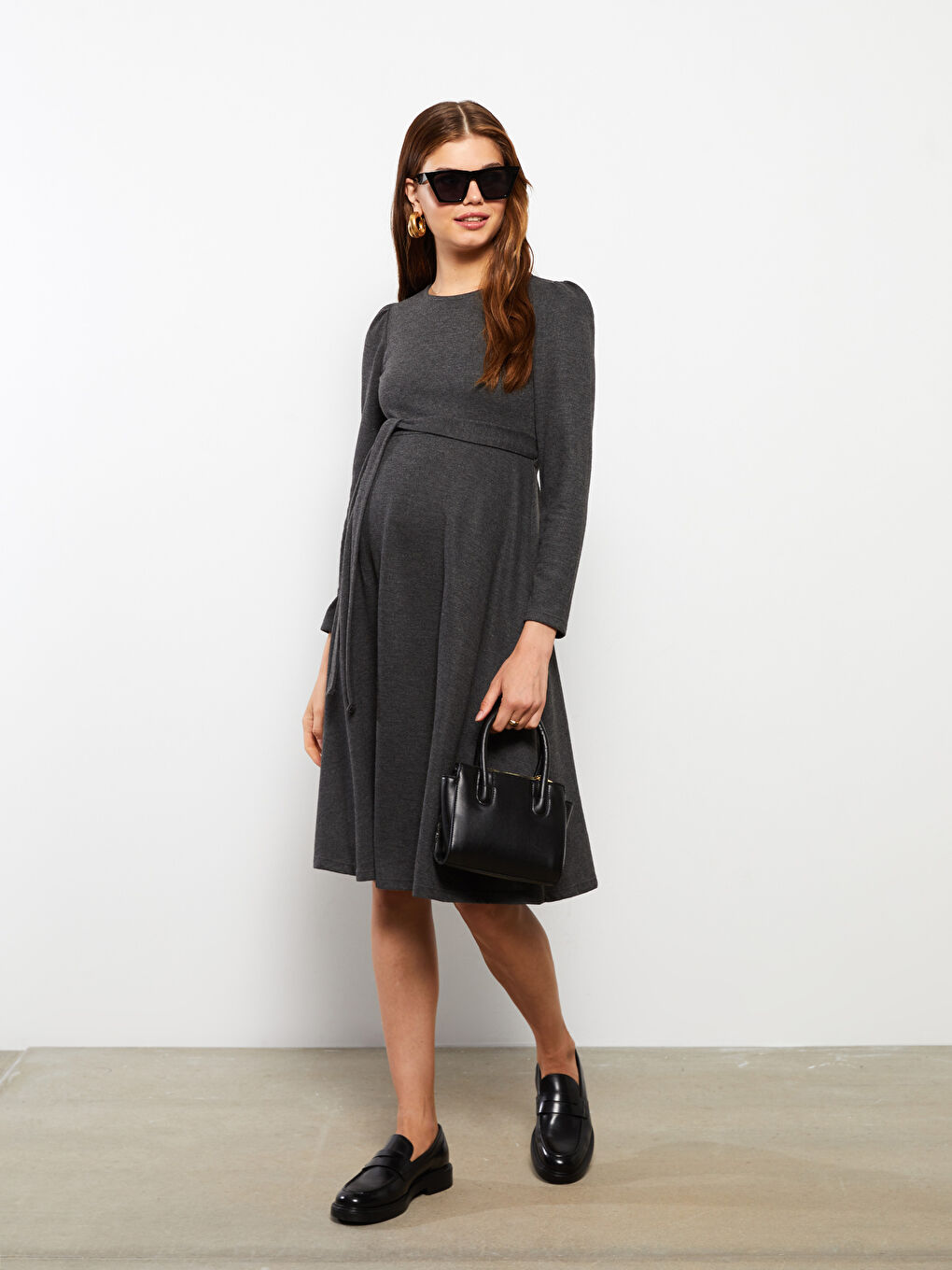 Antrasit Bisiklet Yaka Düz Uzun Kollu Elbise-3