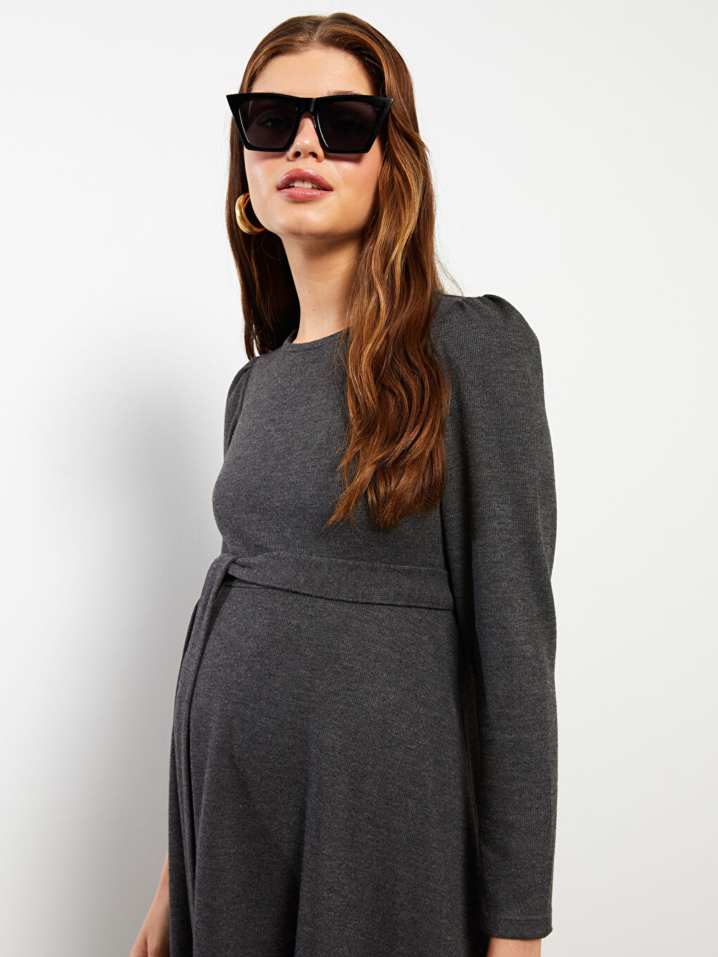 Antrasit Bisiklet Yaka Düz Uzun Kollu Elbise-5