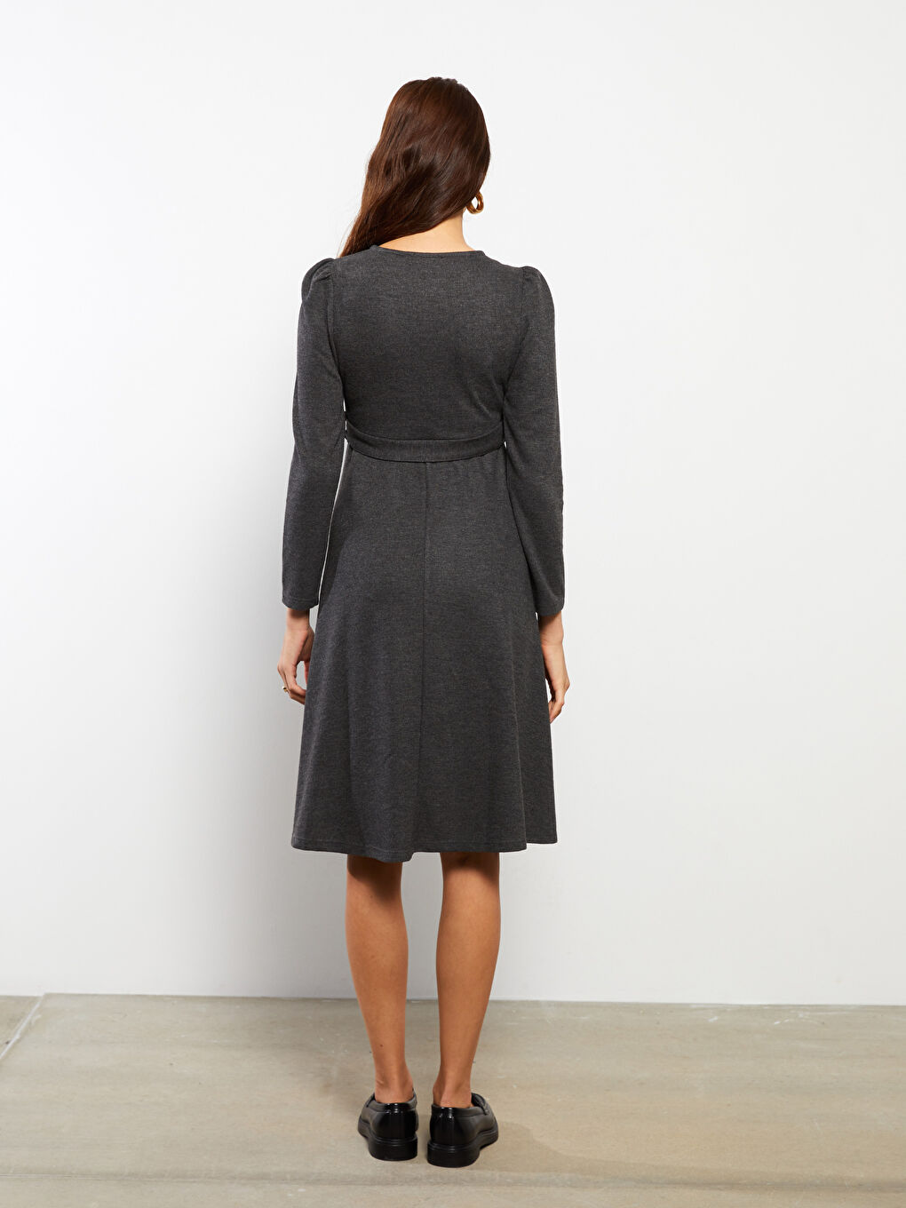 Antrasit Bisiklet Yaka Düz Uzun Kollu Elbise-9