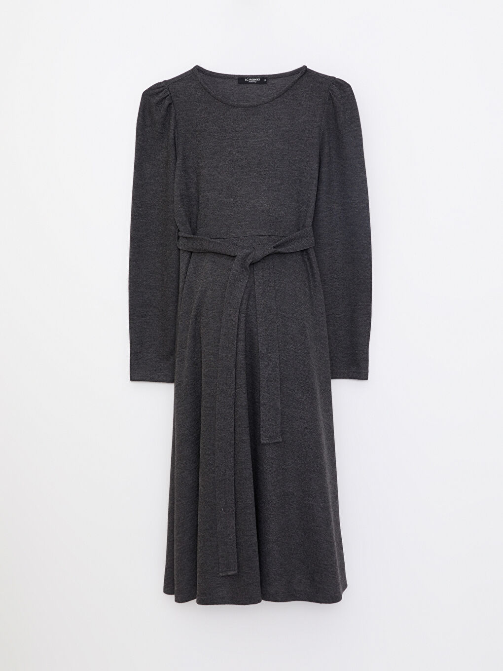 Antrasit Bisiklet Yaka Düz Uzun Kollu Elbise-10