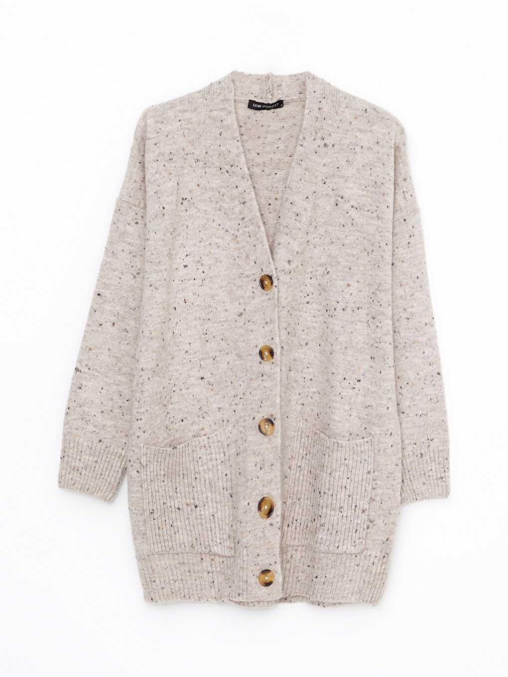 Bej V Yaka Desenli Kadın Triko Hırka-5