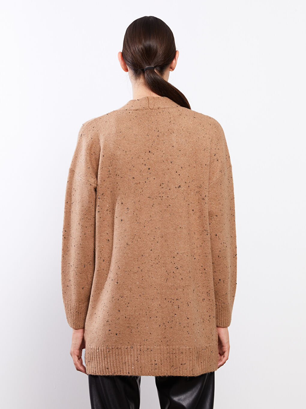 Bej V Yaka Desenli Kadın Triko Hırka-5