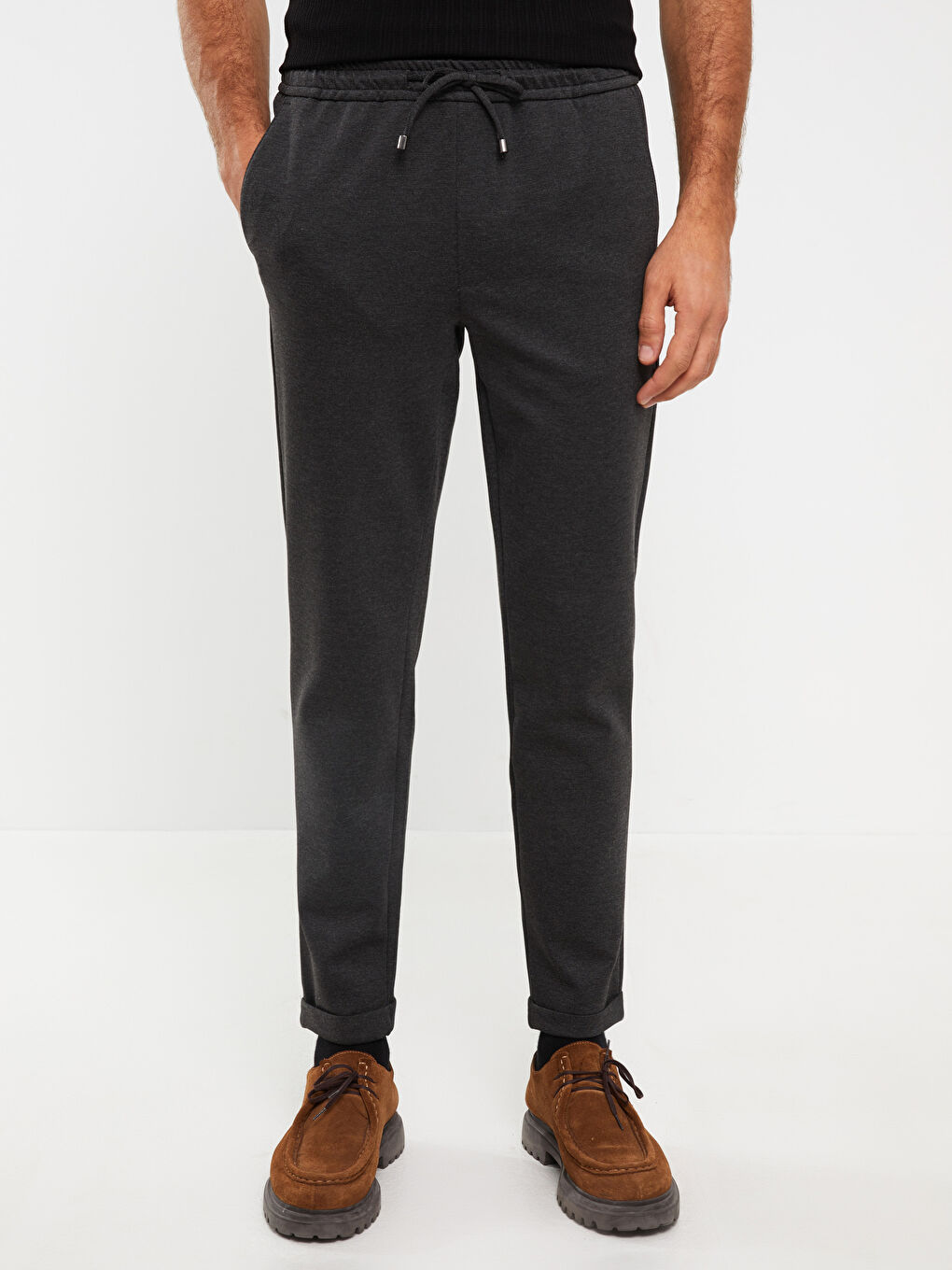 Antrasit Slim Fit Beli Bağlama Detaylı Erkek Pantolon-6