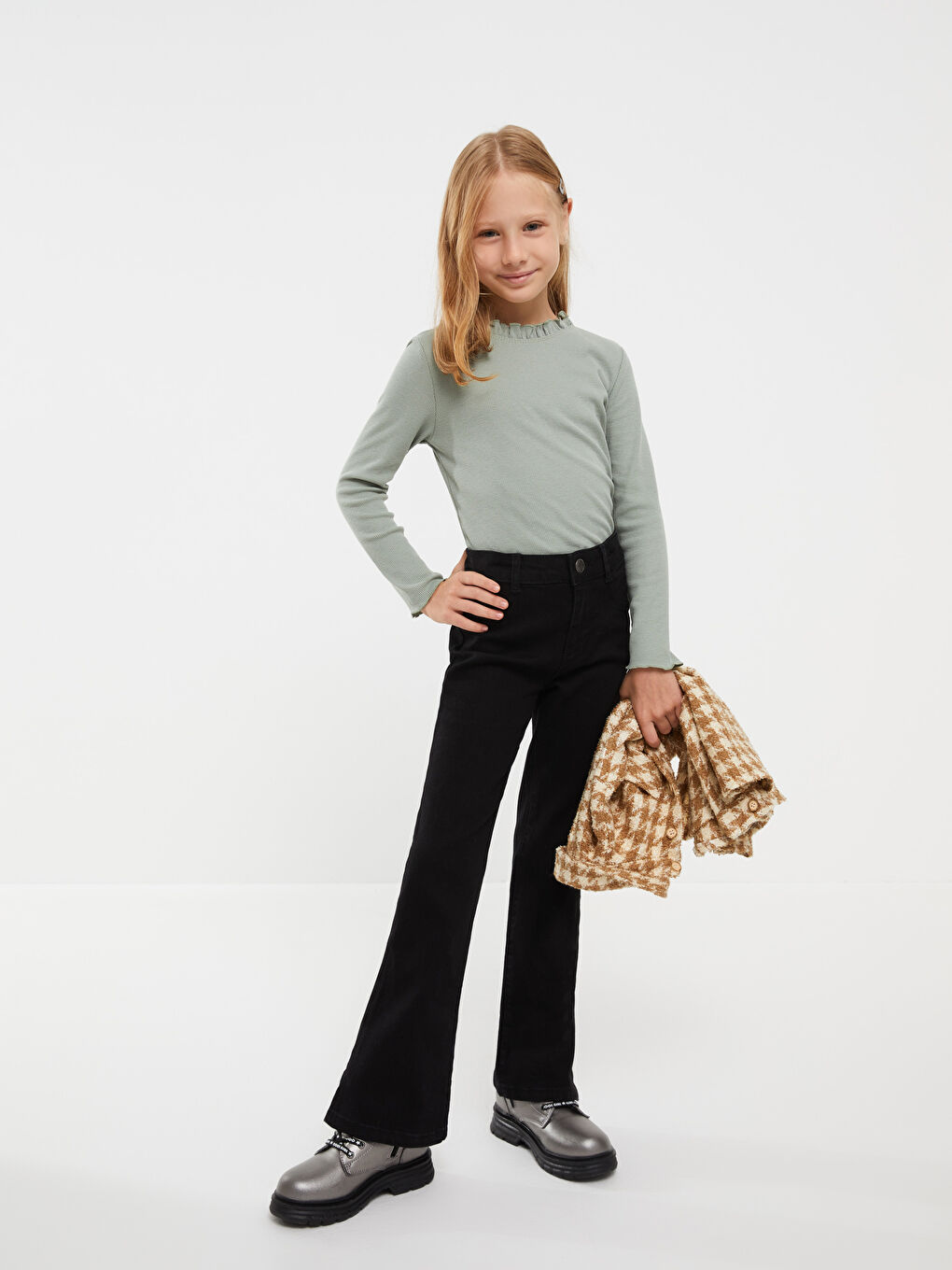 Siyah İspanyol Paça Kız Çocuk Jean Pantolon