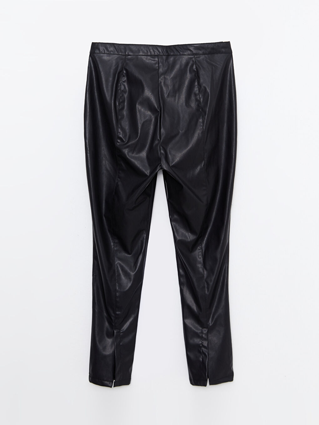 Siyah Büyük Beden Standart Fit Düz Deri Görünümlü Kadın Pantolon-6