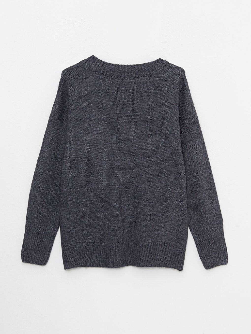 Gri V Yaka Düz Uzun Kollu Kadın Triko Kazak-7