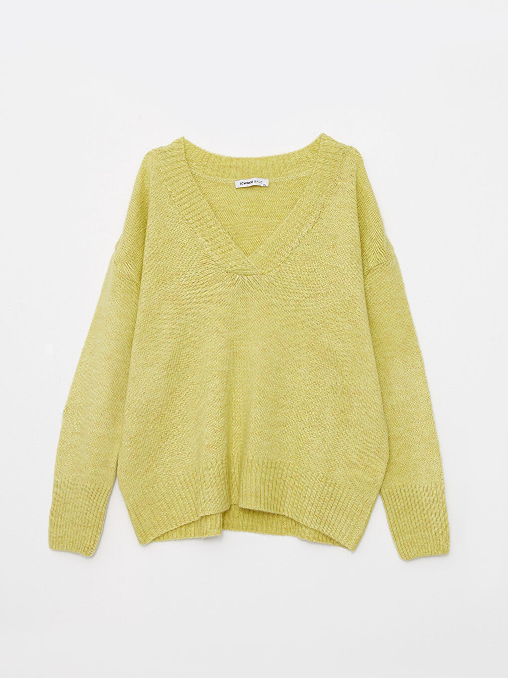 Yeşil V Yaka Düz Uzun Kollu Kadın Triko Kazak-5