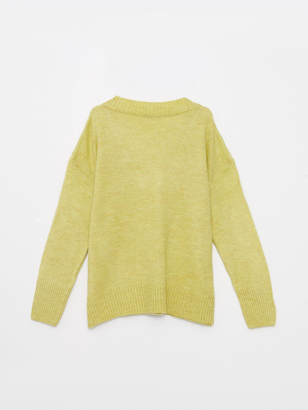 Yeşil V Yaka Düz Uzun Kollu Kadın Triko Kazak-6