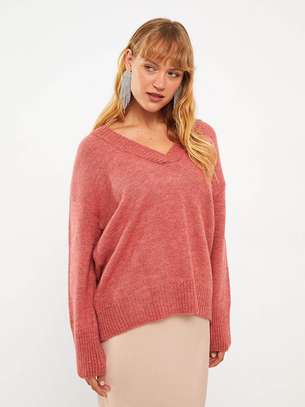 Pembe V Yaka Düz Uzun Kollu Kadın Triko Kazak