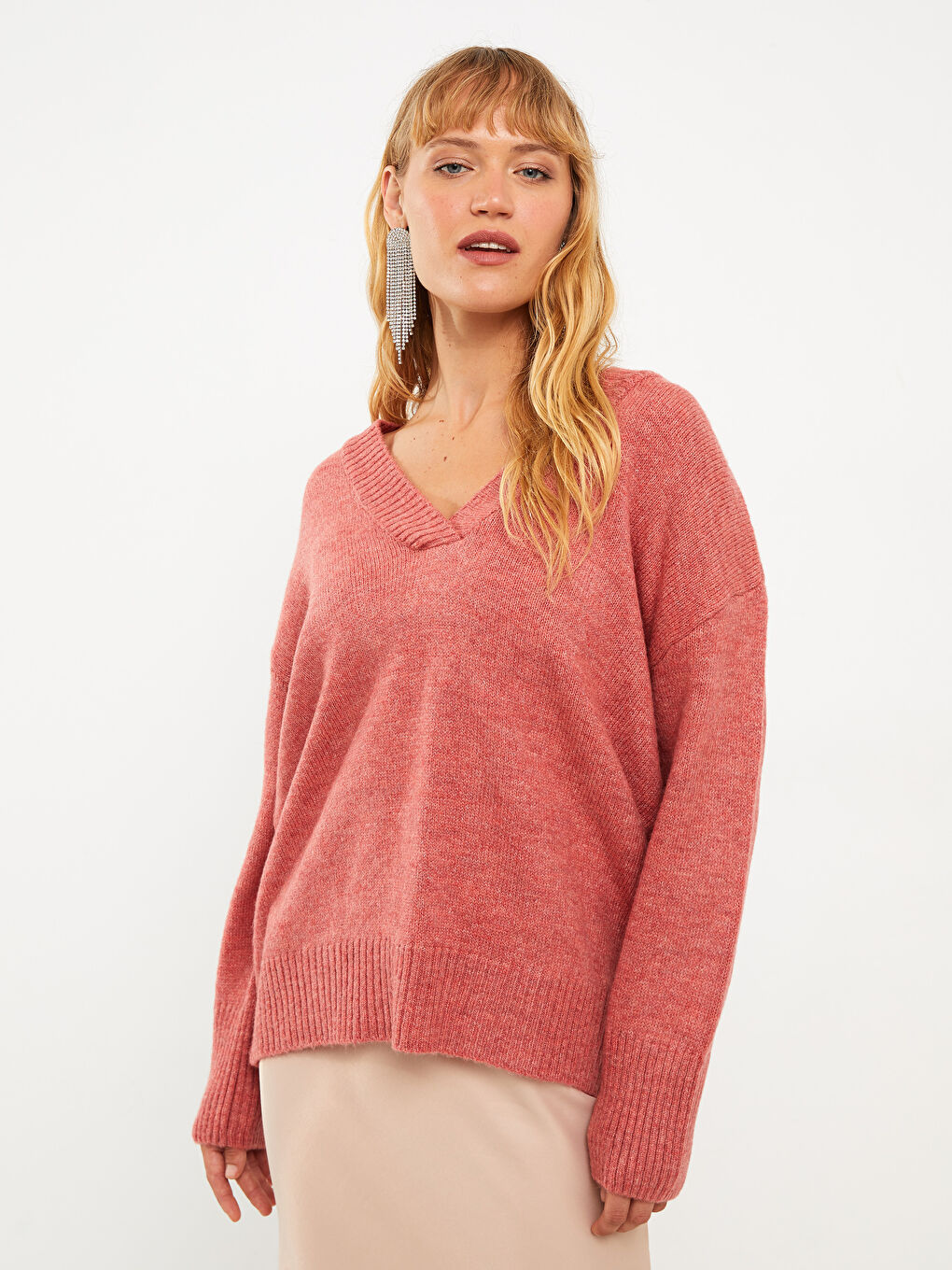 Pembe V Yaka Düz Uzun Kollu Kadın Triko Kazak-1
