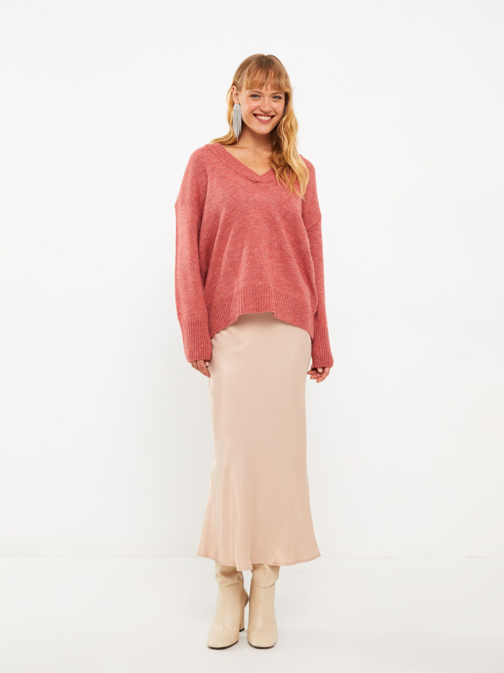 Pembe V Yaka Düz Uzun Kollu Kadın Triko Kazak-2