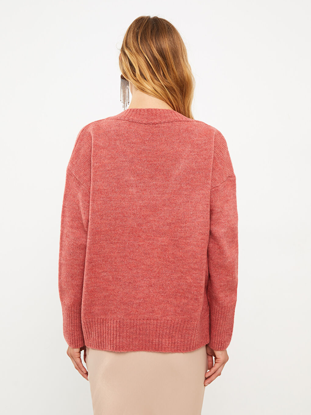 Pembe V Yaka Düz Uzun Kollu Kadın Triko Kazak-4