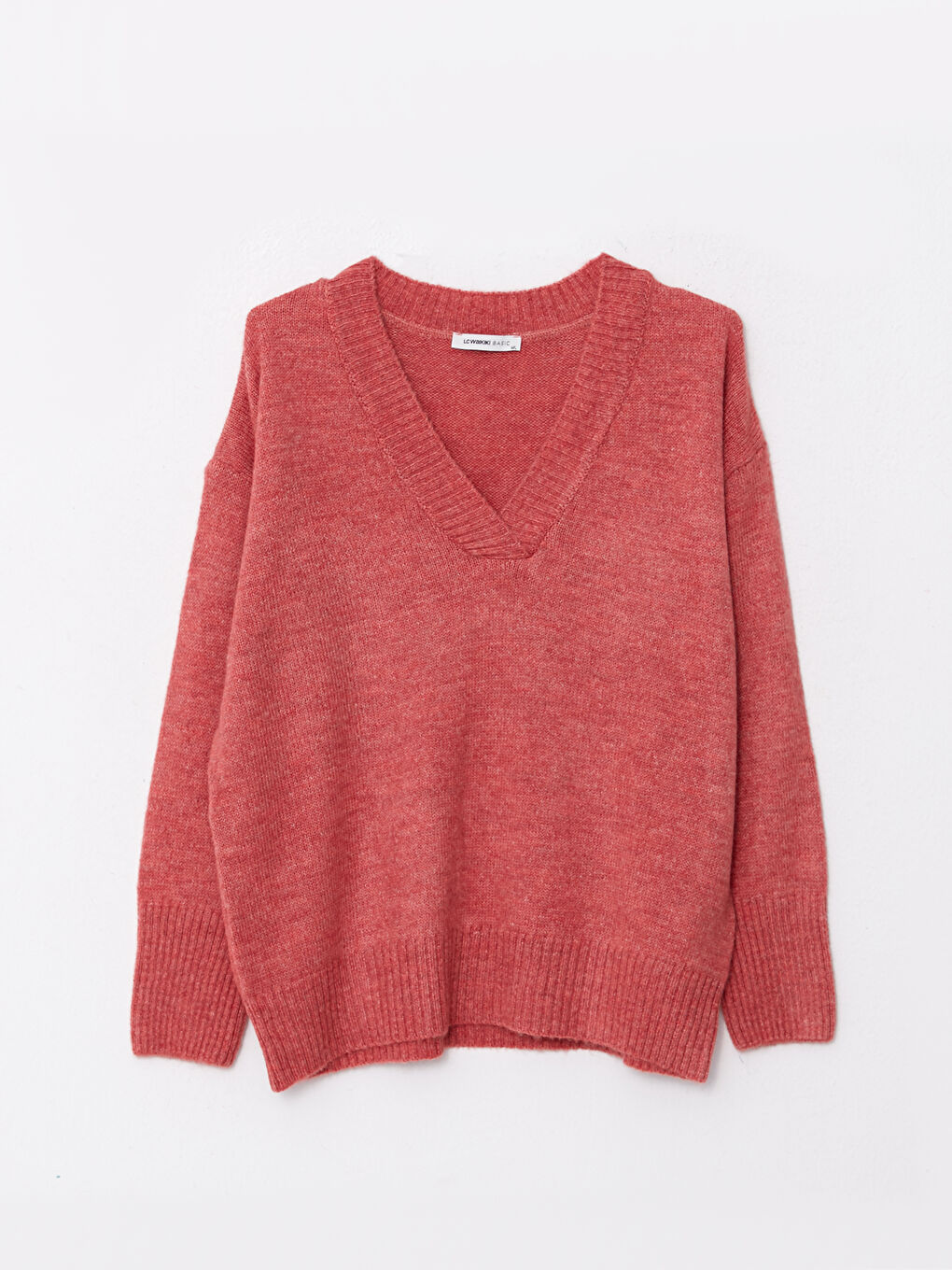 Pembe V Yaka Düz Uzun Kollu Kadın Triko Kazak-5