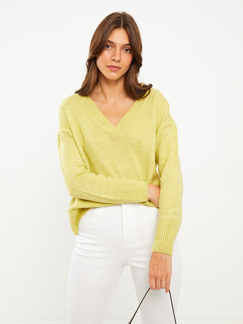 Yeşil V Yaka Düz Uzun Kollu Kadın Triko Kazak-2