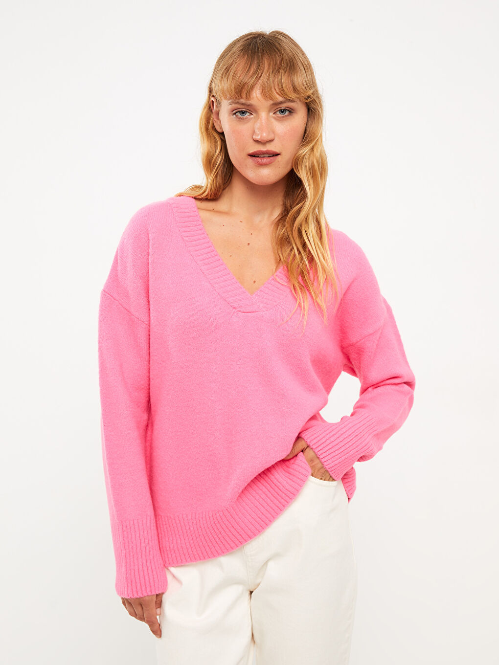Pembe V Yaka Düz Uzun Kollu Kadın Triko Kazak-1