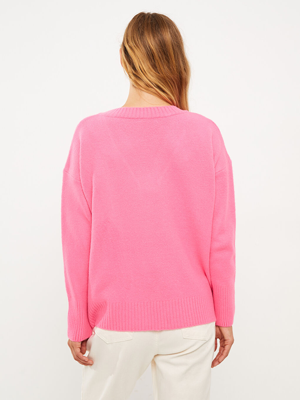 Pembe V Yaka Düz Uzun Kollu Kadın Triko Kazak-4