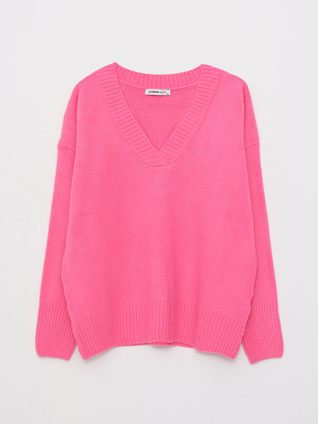 Pembe V Yaka Düz Uzun Kollu Kadın Triko Kazak-5