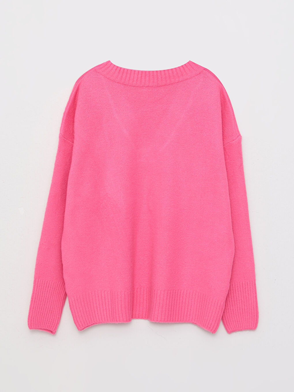 Pembe V Yaka Düz Uzun Kollu Kadın Triko Kazak-6