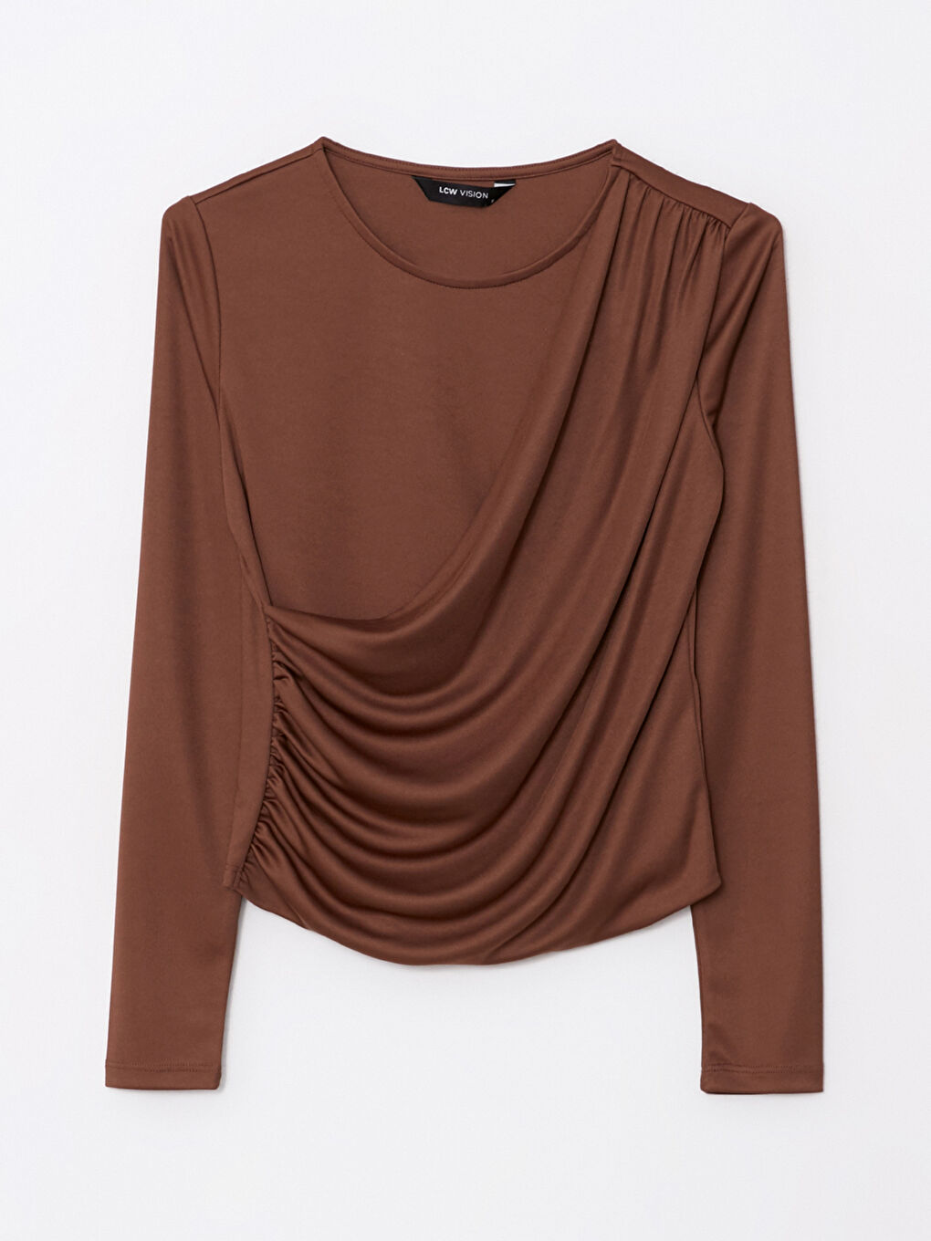 Женская футболка с круглым вырезом и рюшами с длинными рукавами-5