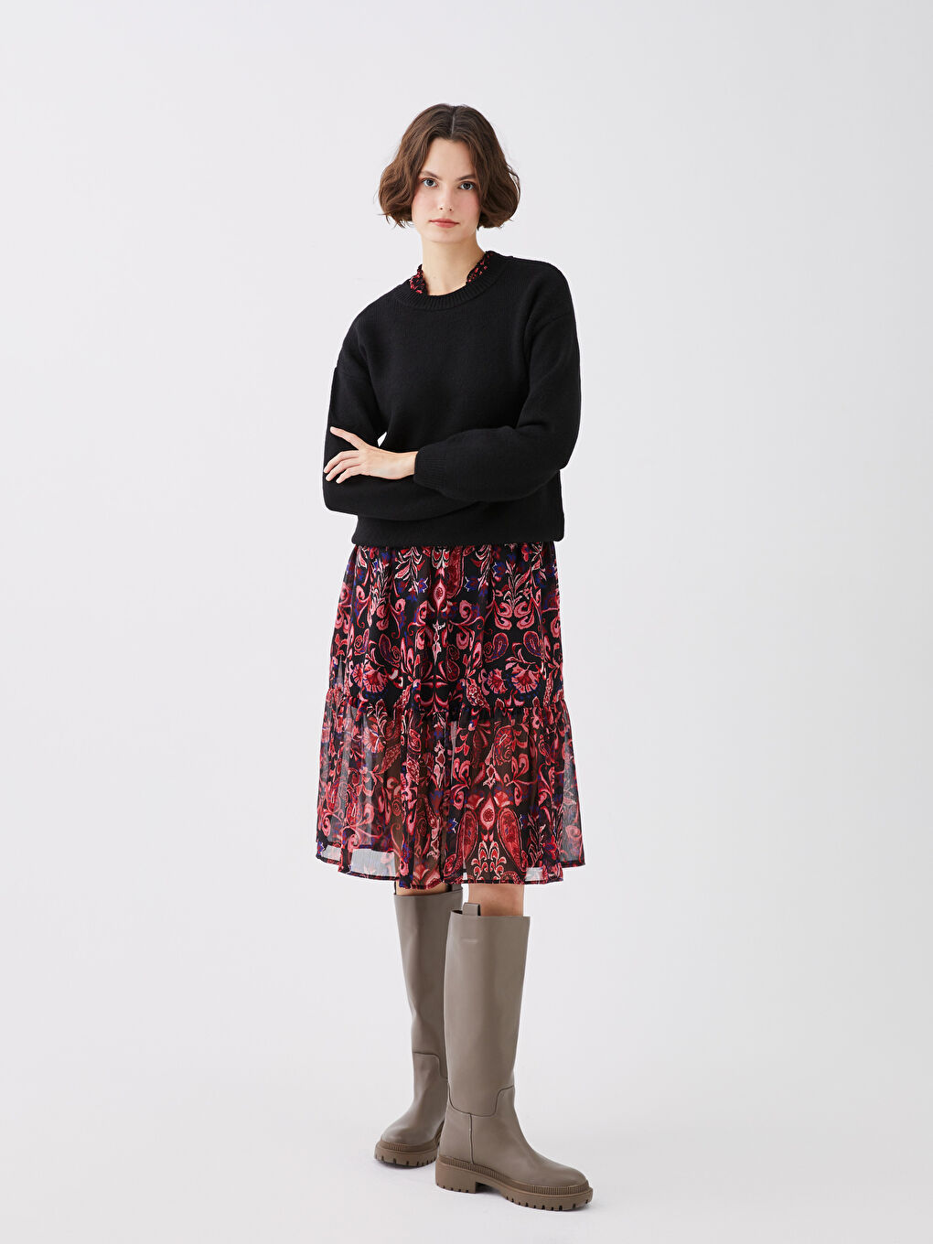 Siyah Bisiklet Yaka Düz Uzun Kollu Kadın Triko Kazak-1