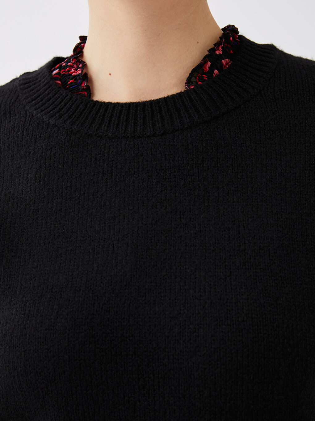 Siyah Bisiklet Yaka Düz Uzun Kollu Kadın Triko Kazak-3