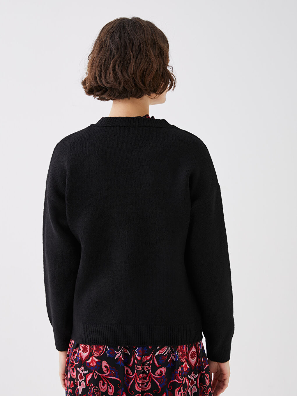 Siyah Bisiklet Yaka Düz Uzun Kollu Kadın Triko Kazak-4