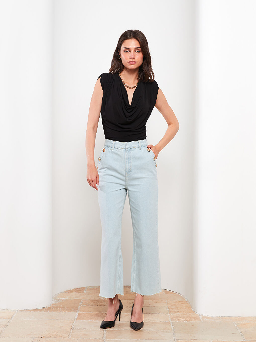 Bluză Regular Fără Mâneci cu Guler Drapat pentru Femei-1