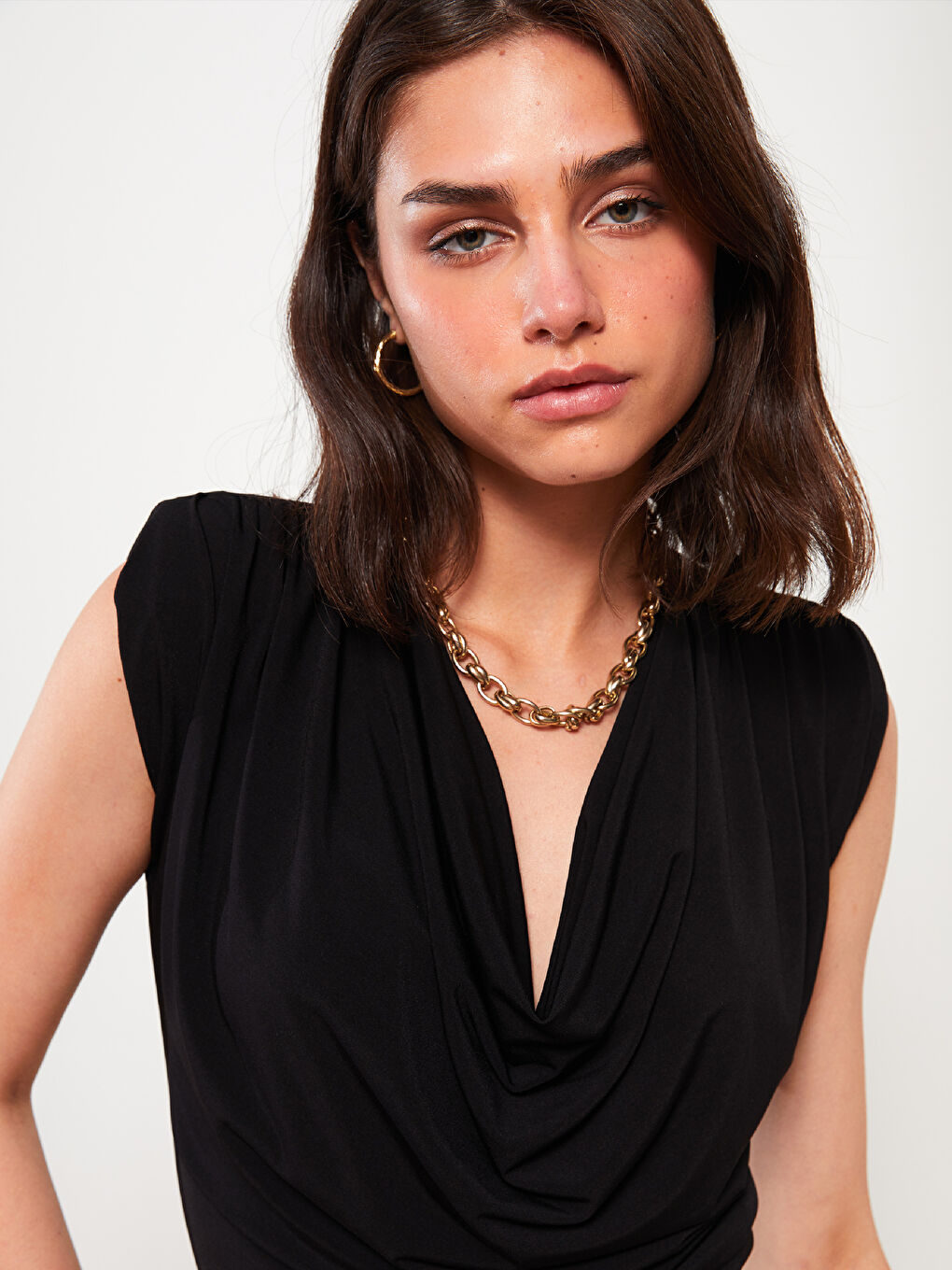 Bluză Regular Fără Mâneci cu Guler Drapat pentru Femei-2