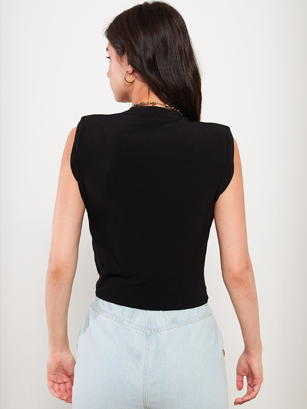 Bluză Regular Fără Mâneci cu Guler Drapat pentru Femei-4