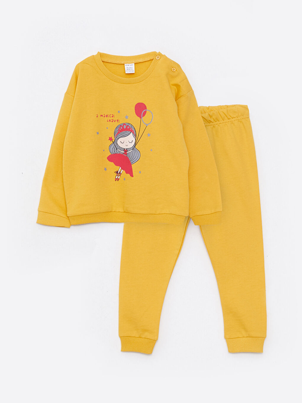 طقم بلوزة كم طويل ياقة دائرية مطبوعة للبنات الرضع مع بنطلون رياضي - مجموعة من قطعتين