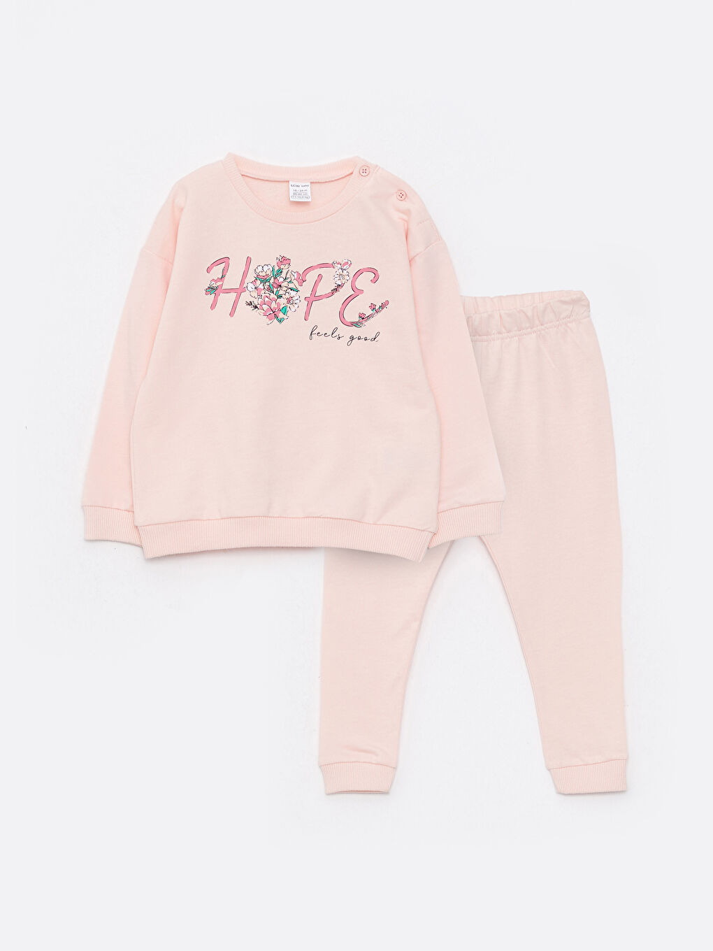 Pembe Bisiklet Yaka Uzun Kollu Baskılı Kız Bebek Sweatshirt ve Eşofman Alt 2'li Takım