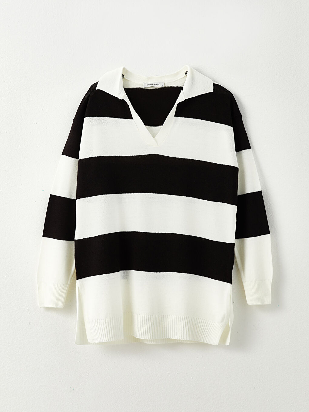 Siyah Polo Yaka Renk Bloklu Uzun Kollu Kadın Triko Tunik-5