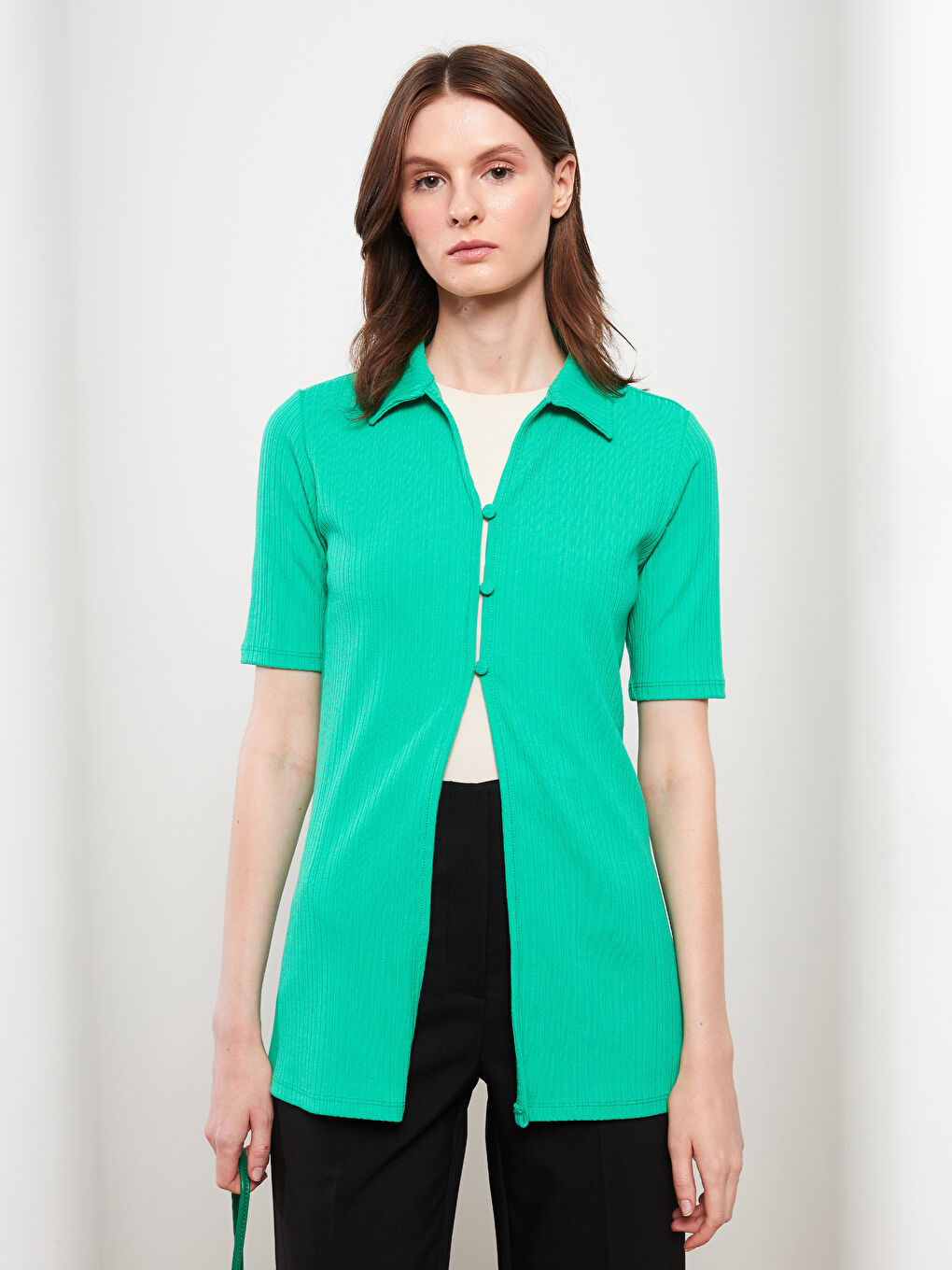 Polo Neck Straight Short Sleeve Women's Cardigan -W2GE28Z8-GHU
