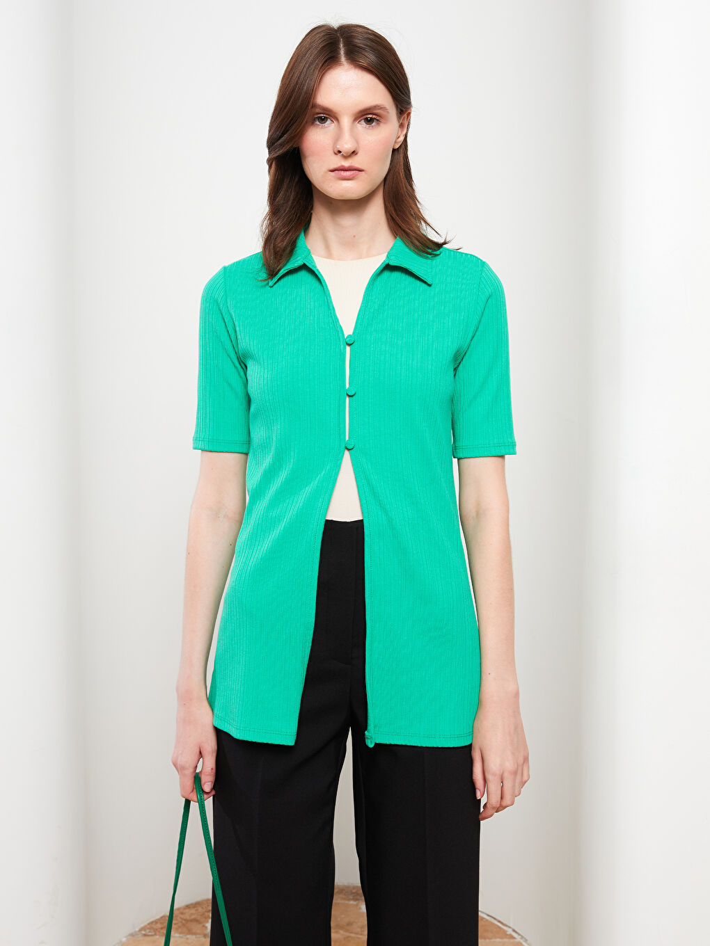 Polo Neck Straight Short Sleeve Women's Cardigan -W2GE28Z8-GHU