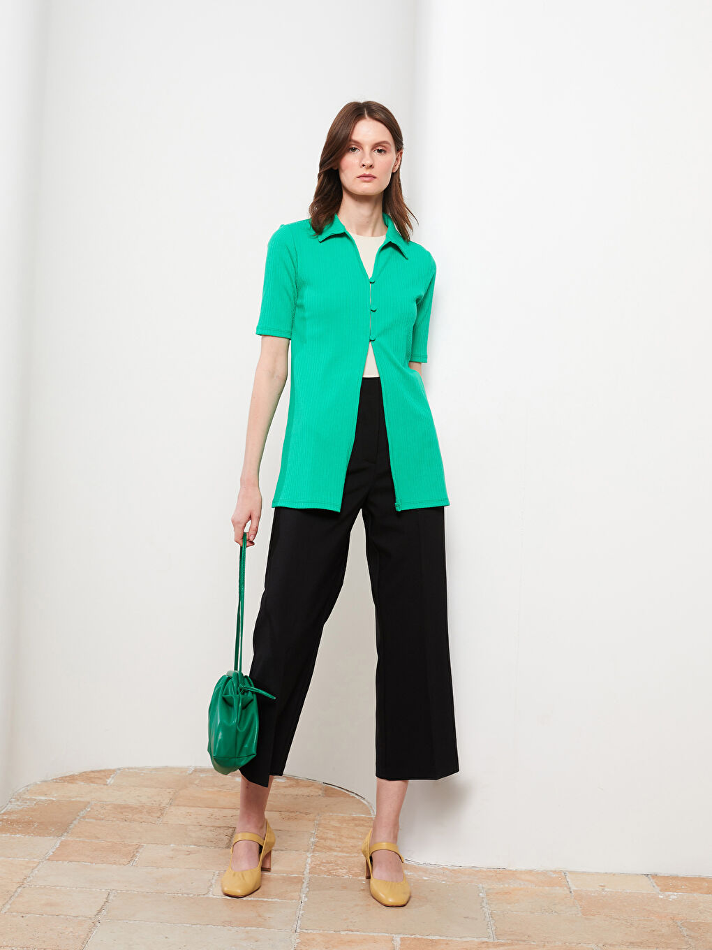 Polo Neck Straight Short Sleeve Women's Cardigan -W2GE28Z8-GHU