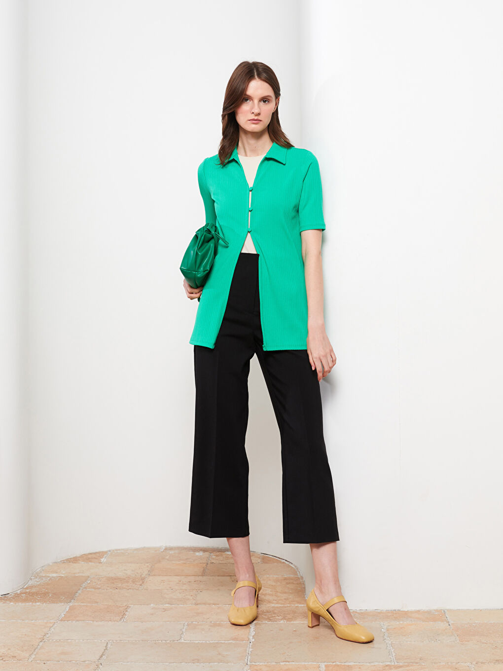 Polo Neck Straight Short Sleeve Women's Cardigan -W2GE28Z8-GHU
