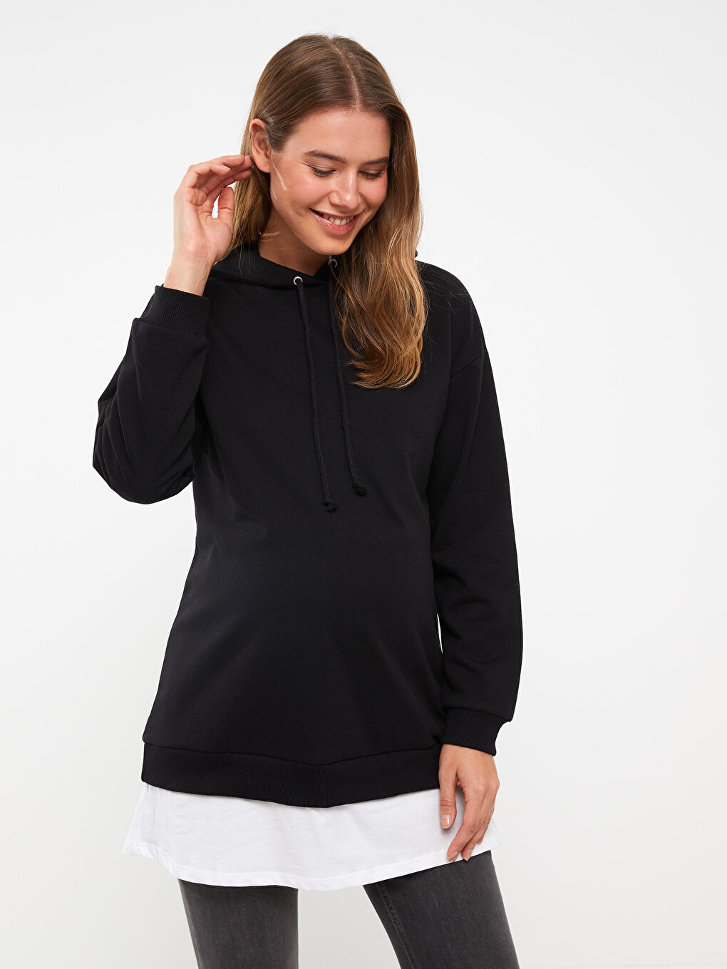 LCWAIKIKI Maternity Yeni Siyah Kapüşonlu Düz Uzun Kollu Hamile Sweatshirt Tunik - 1