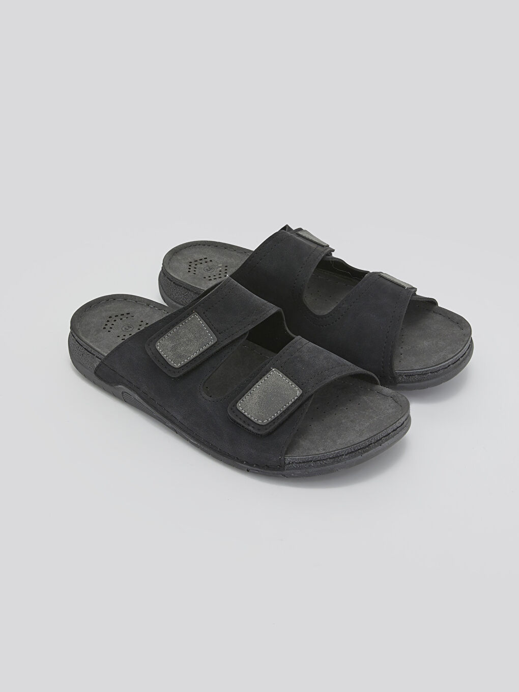 Siyah Deri Görünümlü Çift Bantlı Cırt Cırtlı Erkek Terlik