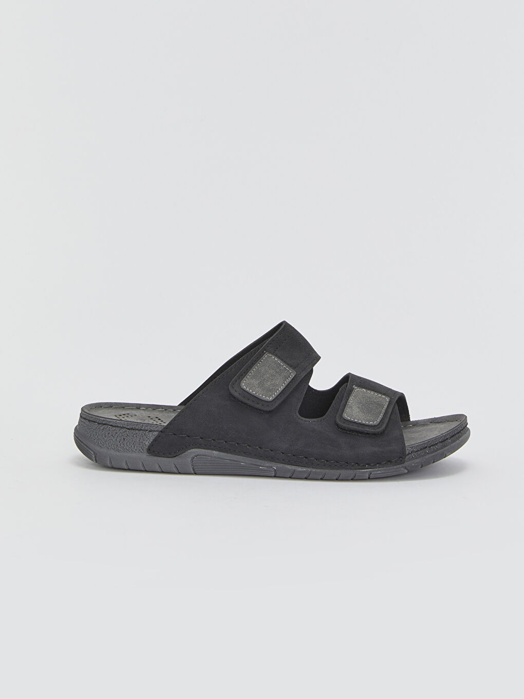 Siyah Deri Görünümlü Çift Bantlı Cırt Cırtlı Erkek Terlik-1