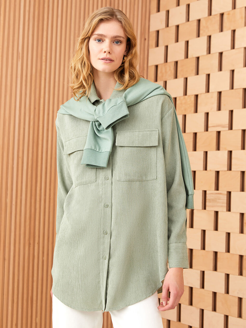 Haki Düz Uzun Kollu Kadın Gömlek Tunik-1